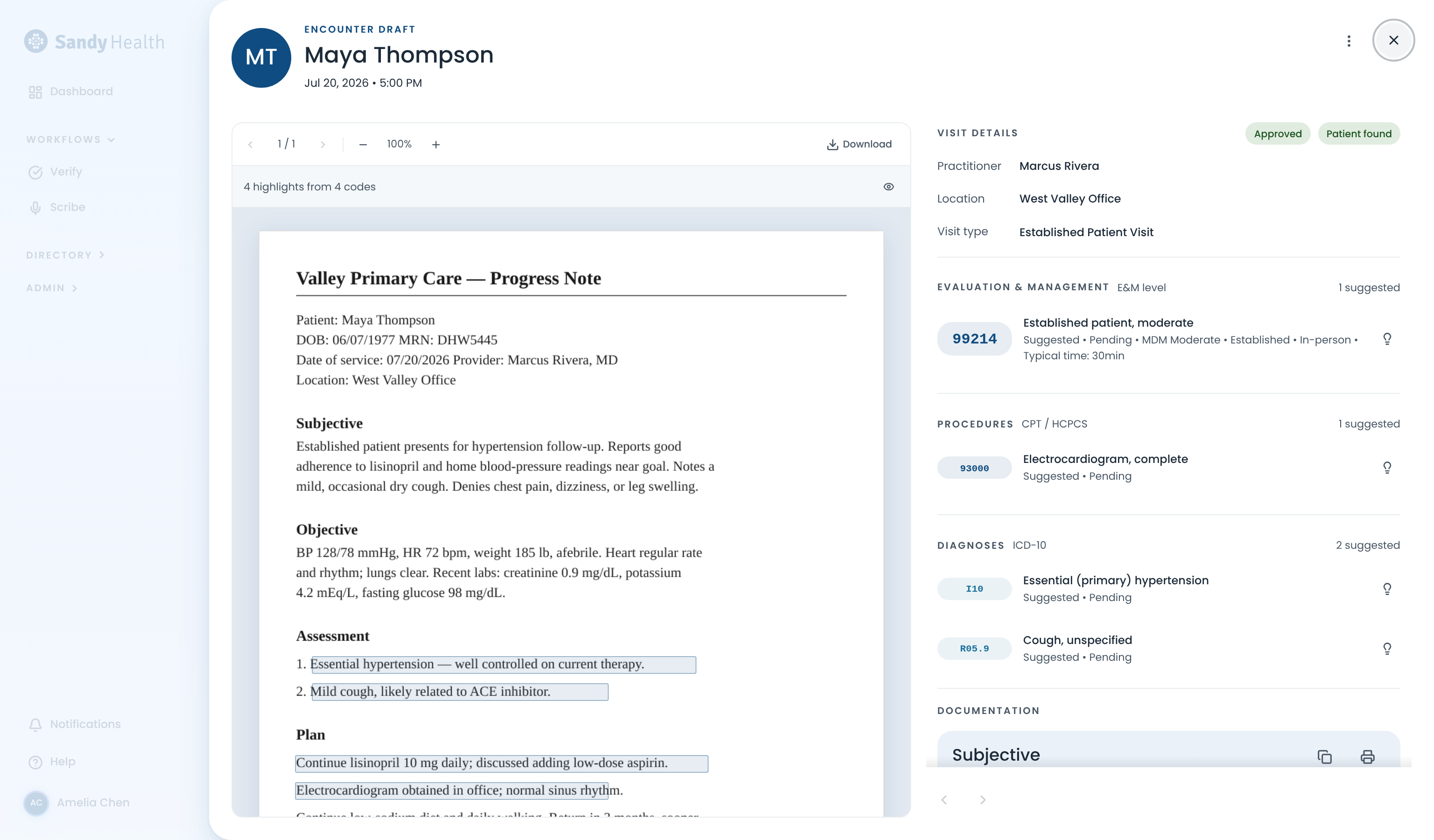 An encounter draft: the progress note with highlighted evidence on the left, and the suggested E&M level, procedures, and diagnoses on the right