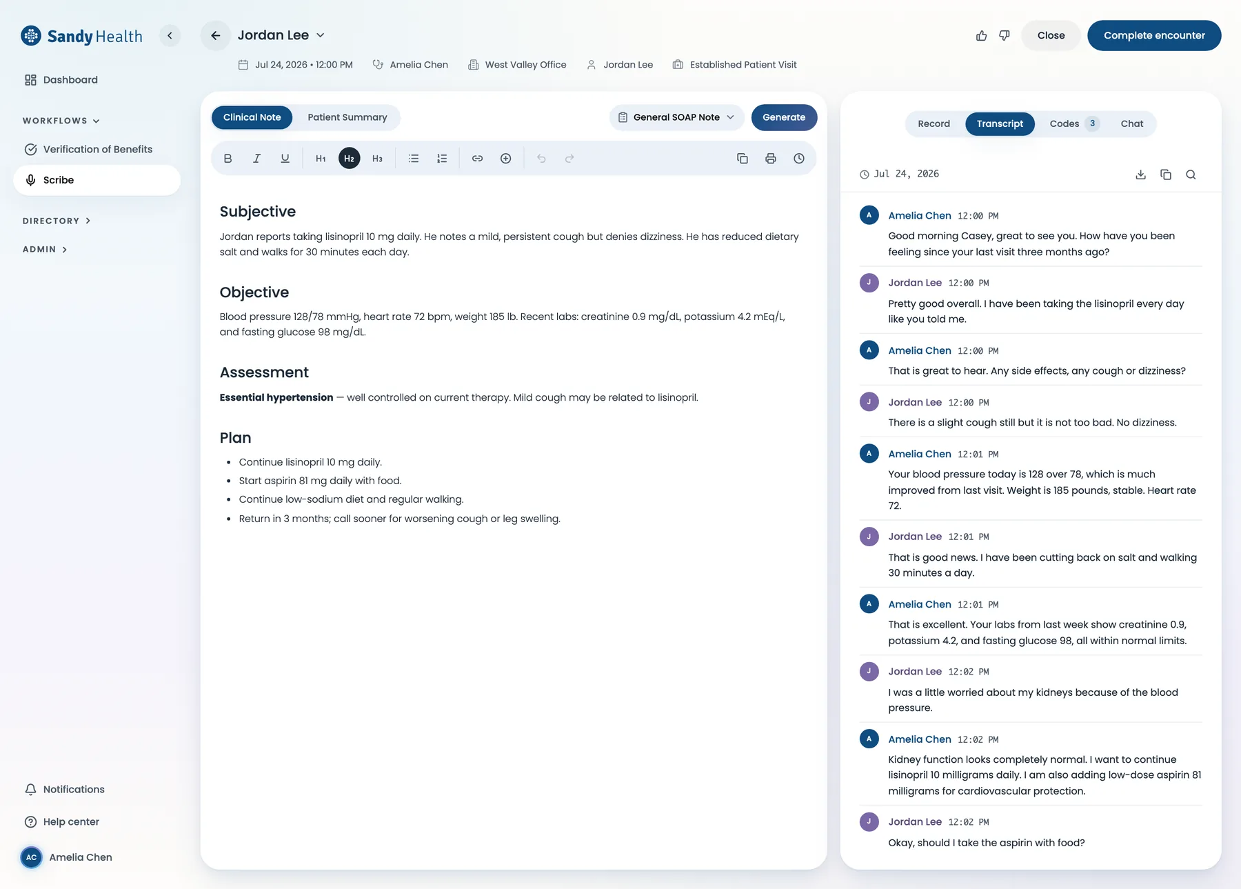 Sandy Scribe encounter workspace: a generated SOAP note beside the recording, transcript, suggested codes, and chat tools