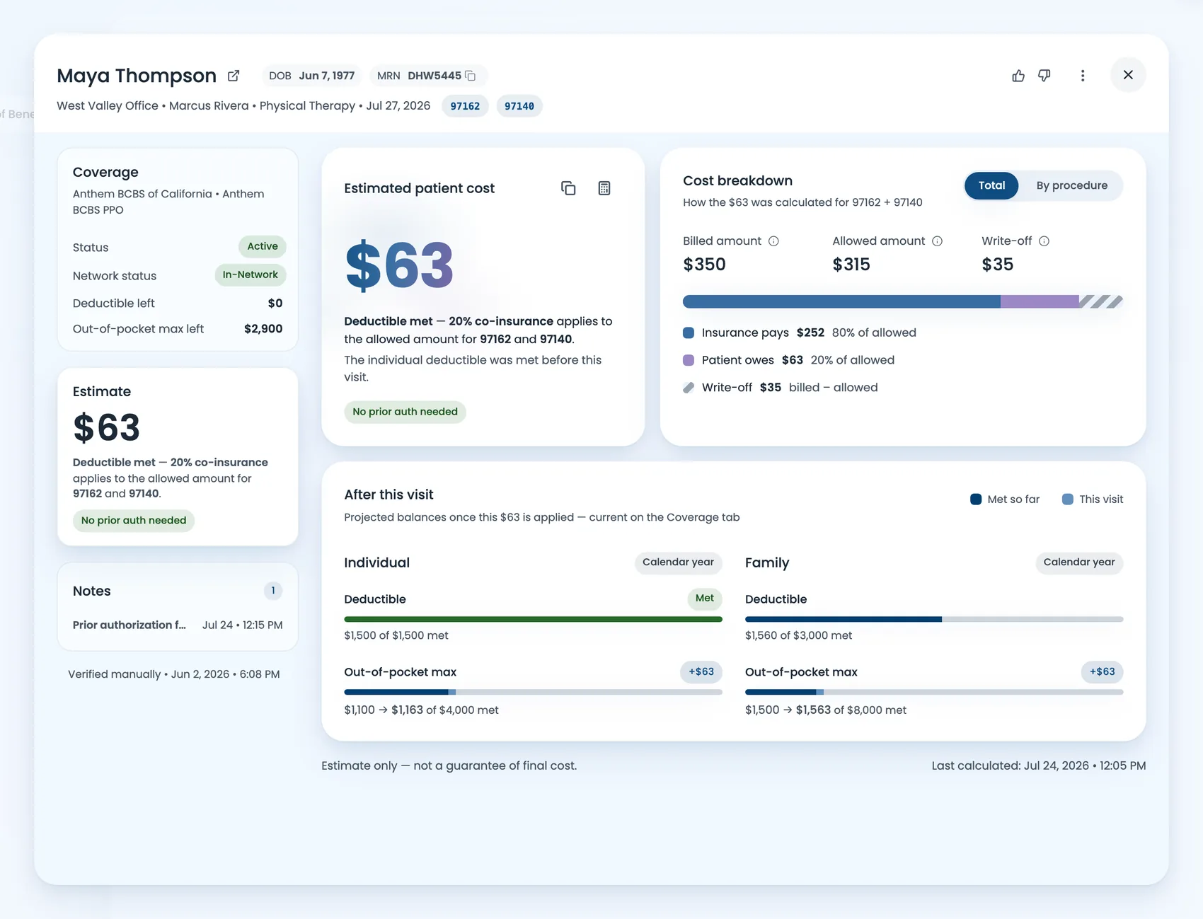 Estimate result: estimated patient cost, cost breakdown, and projected balances after the visit